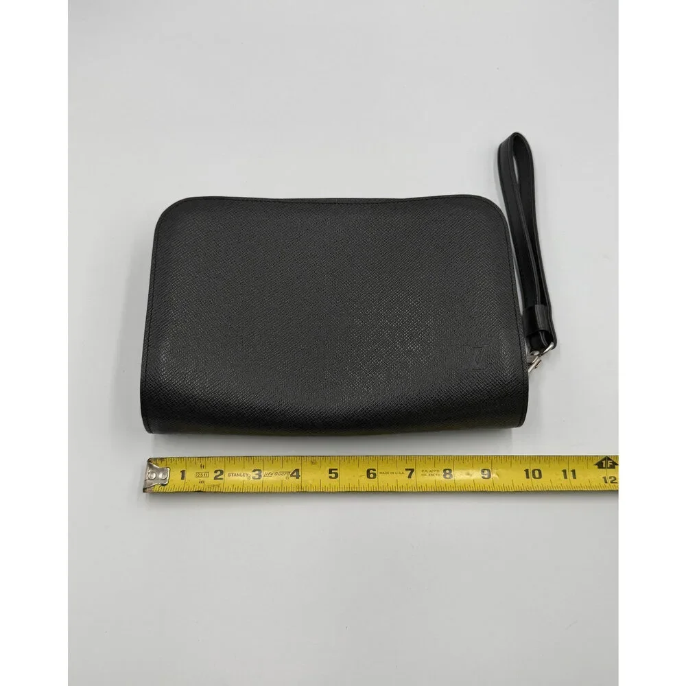 Authentic Louis Vuitton Taiga Baikal Clutch Bag Women Black Logo Genuine Leather